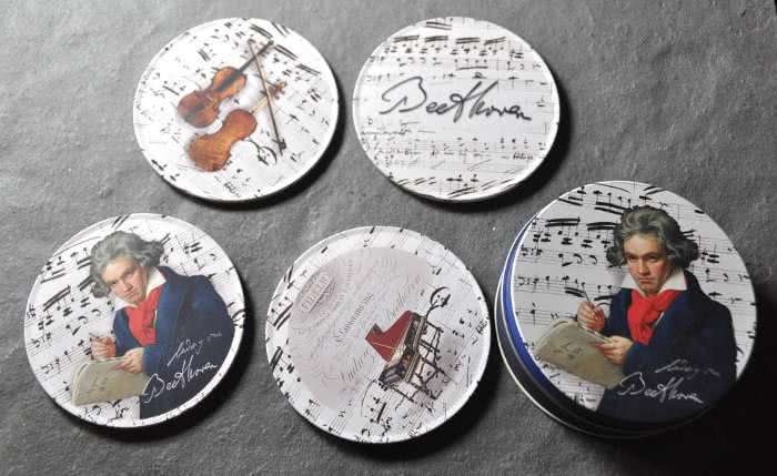 4 Untersetzer Beethoven mit Blechdose